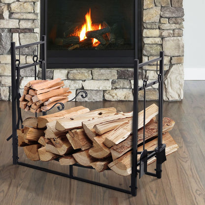 Firewood Stand Log Rack Holder 84cm with 4-PC Fireplace Tools Set