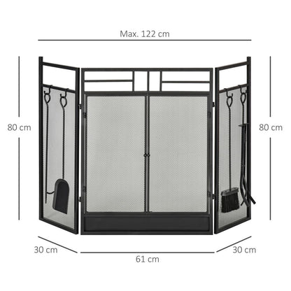 3 Panel Folding Fire Screen with Double Door Fireplace Tool Accessary