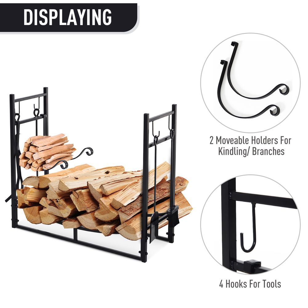 Firewood Stand Log Rack Holder 84cm with 4-PC Fireplace Tools Set