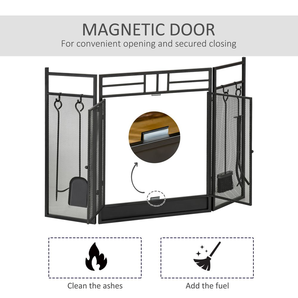 3 Panel Folding Fire Screen with Double Door Fireplace Tool Accessary