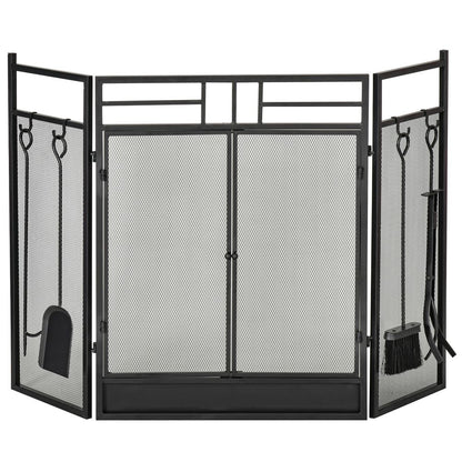 3 Panel Folding Fire Screen with Double Door Fireplace Tool Accessary