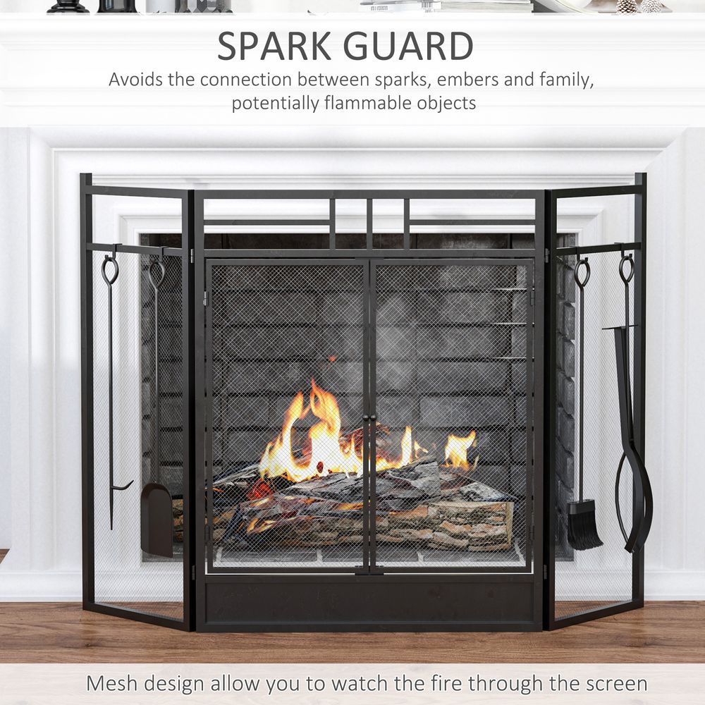 3 Panel Folding Fire Screen with Double Door Fireplace Tool Accessary