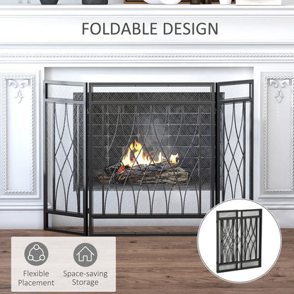 3-Panel Folding Fireplace Screen Metal Mesh Fire Spark Guard Black