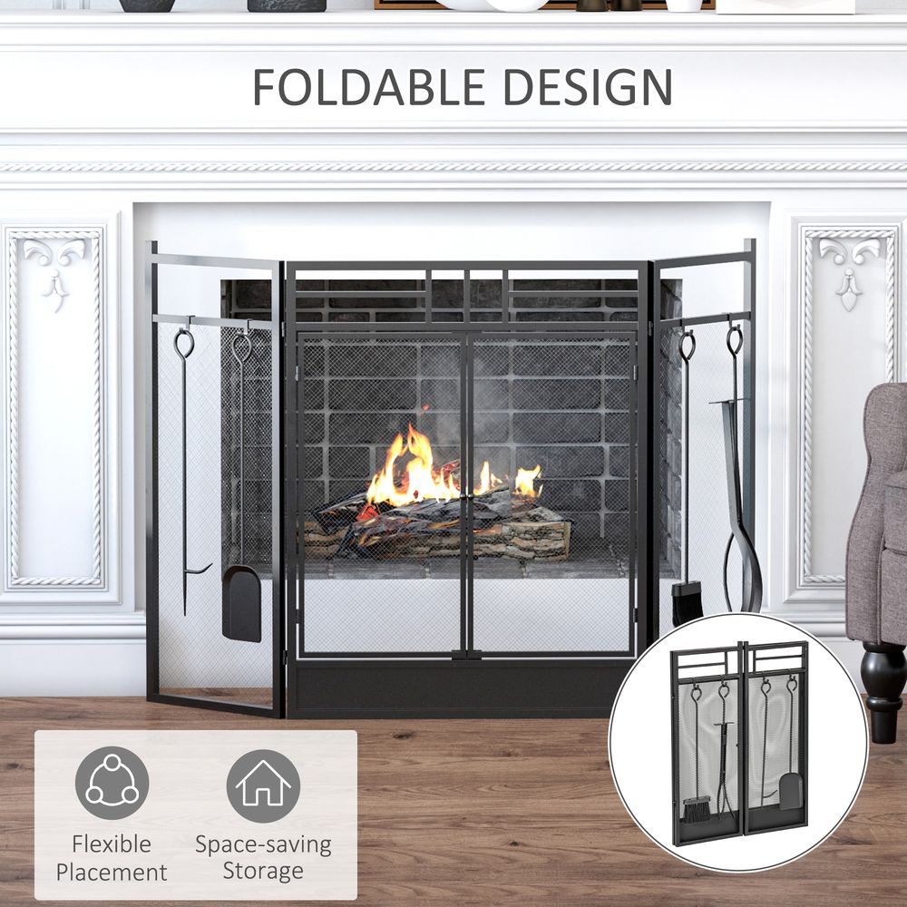 3 Panel Folding Fire Screen with Double Door Fireplace Tool Accessary