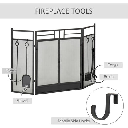 3 Panel Folding Fire Screen with Double Door Fireplace Tool Accessary