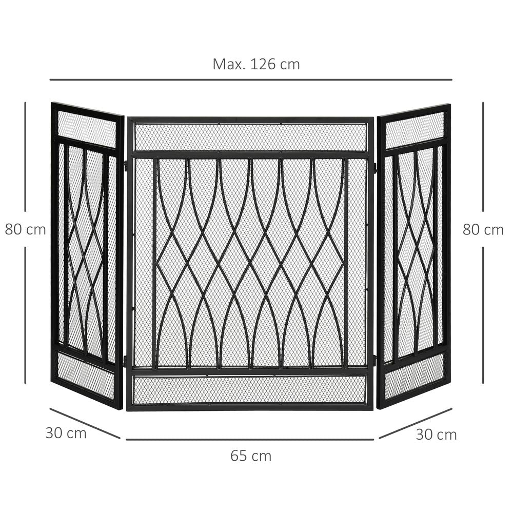 3-Panel Folding Fireplace Screen Metal Mesh Fire Spark Guard Black