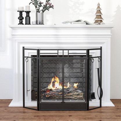 3 Panel Folding Fire Screen with Double Door Fireplace Tool Accessary