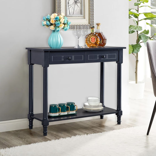 2-Tier Console Table with 2 Drawers， Console Tables for Entryway, Sofa Table with Storage Shelves, Entryway Table Behind Sofa Couch, for Living Room, Kitchen, Navy Blue/Black