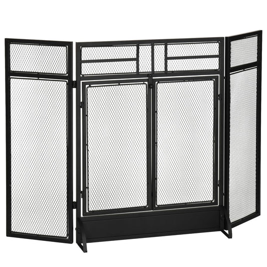 3-Panel Folding Fireplace Screen Spark Guard Metal Mesh Fireguard Black